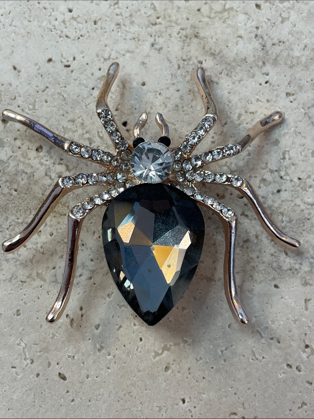 Macy's Silver and Black Spider Brooch with Clear Rhinestones